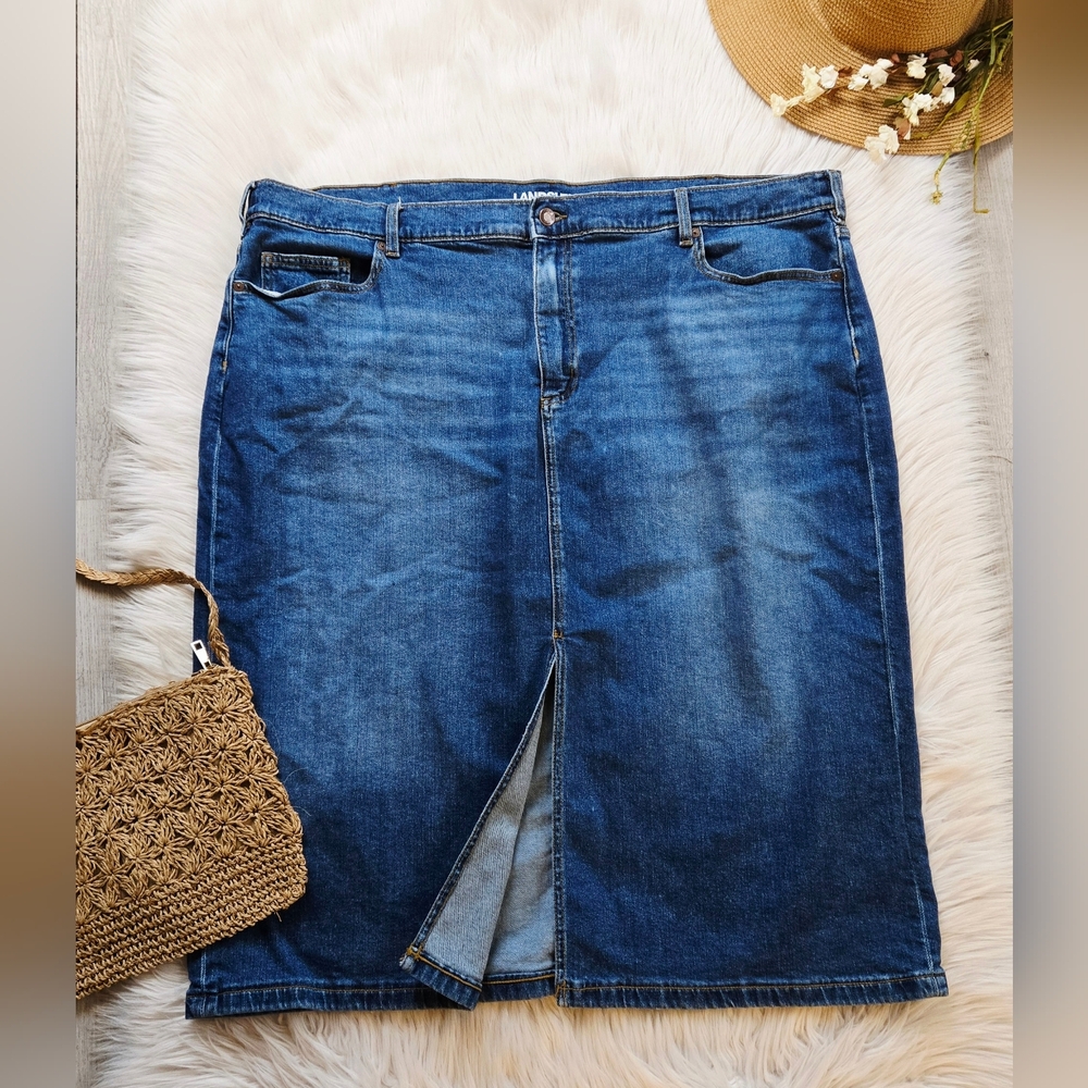 Lands' End Blue Denim Midi Skirt with Front Slit